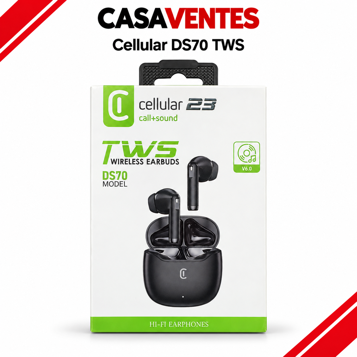 Cellular DS70 TWS – CasaVentes Boîte Cellular DS70 TWS avec écouteurs noirs et boîtier de charge – CasaVentes