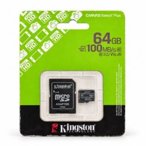 Carte microSD Kingston Canvas Select Plus 64 Go avec adaptateur SD sur fond blanc